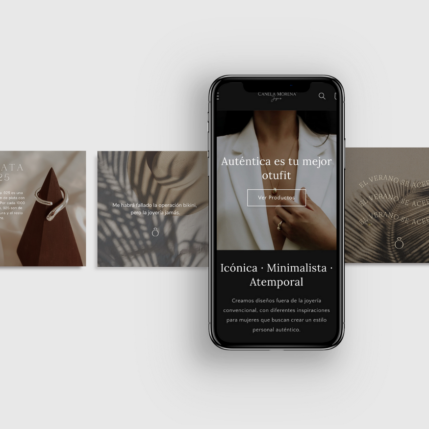 Smartphone mostrando una página de moda con el eslogan 'Auténtica es tu mejor outfit' y joyería minimalista.